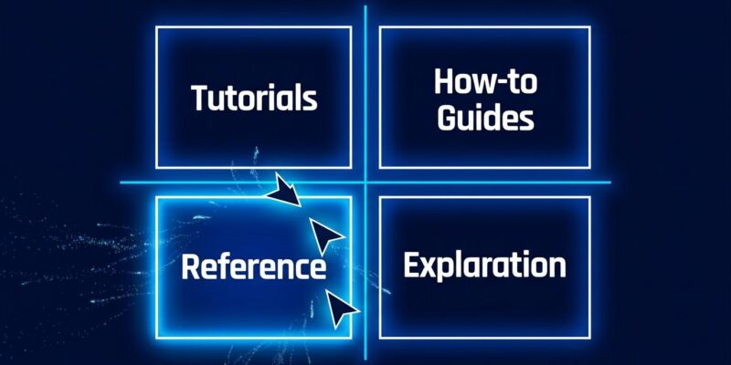 Diátaxis four-quadrant framework diagram with AI agent cursor selecting the Reference quadrant, blue and white ByteIota design