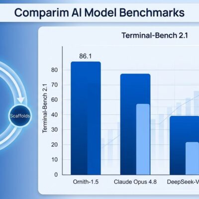 Data visualization dashboard showing Ornith-1.5 Terminal-Bench benchmark scores versus Claude Opus 4.8, with self-improvement loop diagram