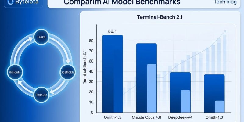 Data visualization dashboard showing Ornith-1.5 Terminal-Bench benchmark scores versus Claude Opus 4.8, with self-improvement loop diagram