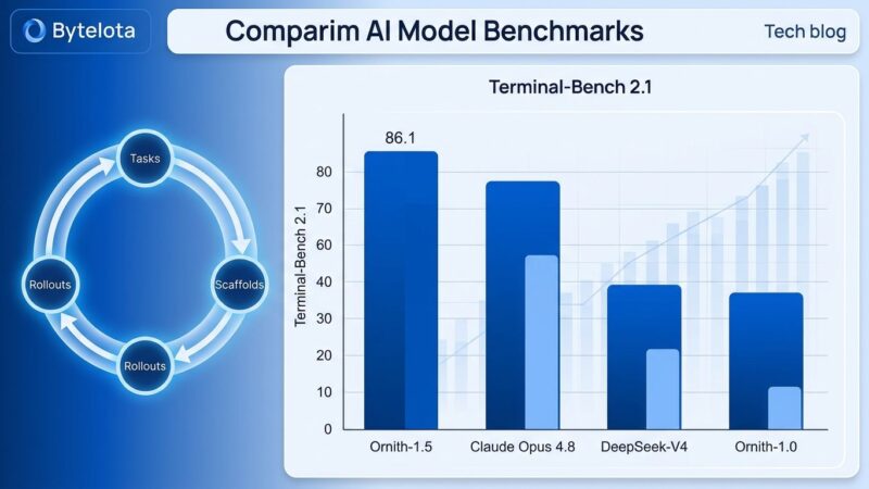 Data visualization dashboard showing Ornith-1.5 Terminal-Bench benchmark scores versus Claude Opus 4.8, with self-improvement loop diagram