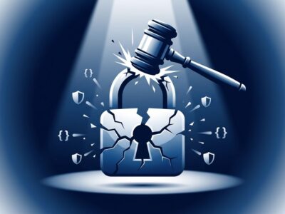 Padlock broken by courtroom gavel representing GrapheneOS duress password legal case