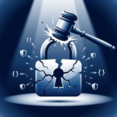 Padlock broken by courtroom gavel representing GrapheneOS duress password legal case