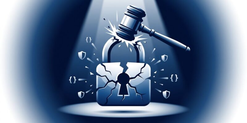 Padlock broken by courtroom gavel representing GrapheneOS duress password legal case