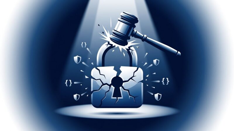 Padlock broken by courtroom gavel representing GrapheneOS duress password legal case