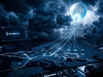 SondeHub weather balloon tracking system showing drone warfare data overlay on a world map