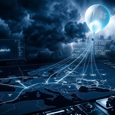 SondeHub weather balloon tracking system showing drone warfare data overlay on a world map