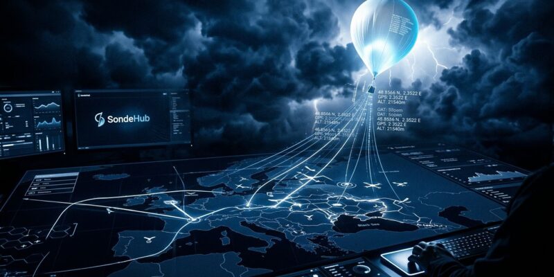 SondeHub weather balloon tracking system showing drone warfare data overlay on a world map