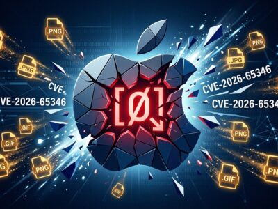 Apple logo cracking apart with CVE-2026-65346 ImageIO integer overflow warning symbols