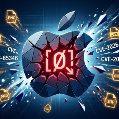 Apple logo cracking apart with CVE-2026-65346 ImageIO integer overflow warning symbols