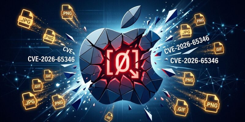 Apple logo cracking apart with CVE-2026-65346 ImageIO integer overflow warning symbols