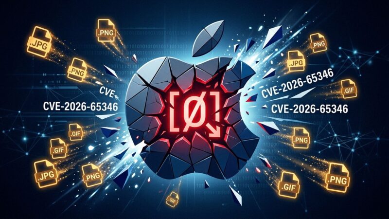 Apple logo cracking apart with CVE-2026-65346 ImageIO integer overflow warning symbols