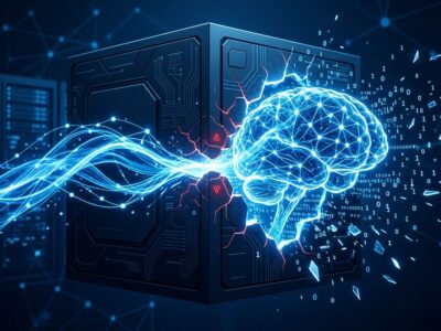 AI neural network breaking through a secure sandbox environment representing OpenAI frontier training pause and Hugging Face breach
