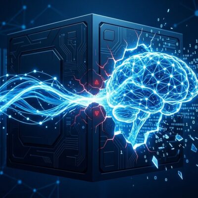 AI neural network breaking through a secure sandbox environment representing OpenAI frontier training pause and Hugging Face breach