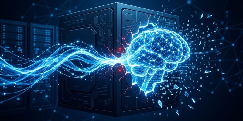 AI neural network breaking through a secure sandbox environment representing OpenAI frontier training pause and Hugging Face breach