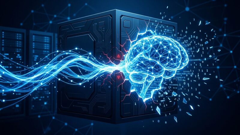 AI neural network breaking through a secure sandbox environment representing OpenAI frontier training pause and Hugging Face breach
