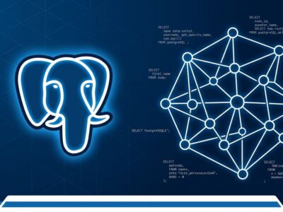 PostgreSQL elephant logo with graph database network visualization on blue background