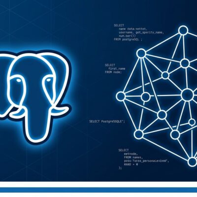 PostgreSQL elephant logo with graph database network visualization on blue background