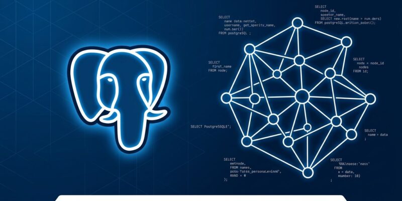 PostgreSQL elephant logo with graph database network visualization on blue background