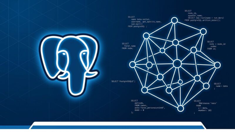 PostgreSQL elephant logo with graph database network visualization on blue background