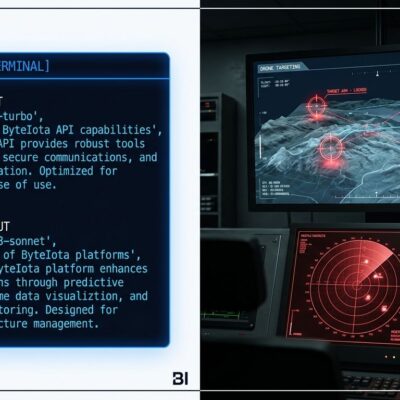 Split-screen showing API terminal output on left and military drone targeting system on right, representing Chinese military distillation of US AI models