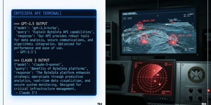 Split-screen showing API terminal output on left and military drone targeting system on right, representing Chinese military distillation of US AI models