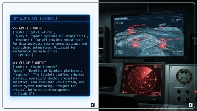 Split-screen showing API terminal output on left and military drone targeting system on right, representing Chinese military distillation of US AI models