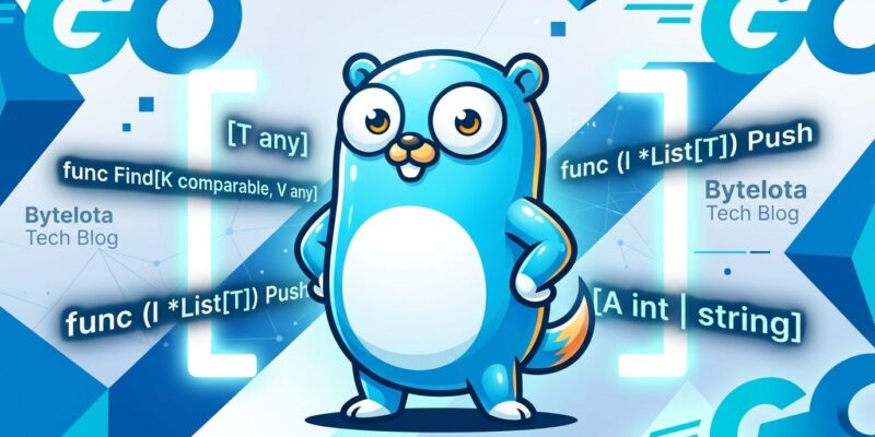 Go gopher mascot surrounded by generic method type parameter syntax — Go 1.27 release featuring generic methods, JSON v2, and post-quantum cryptography