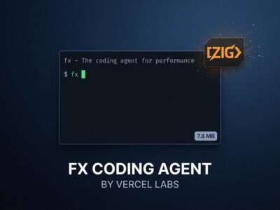 Terminal window showing the fx coding agent CLI by Vercel Labs, with minimal Zig binary output