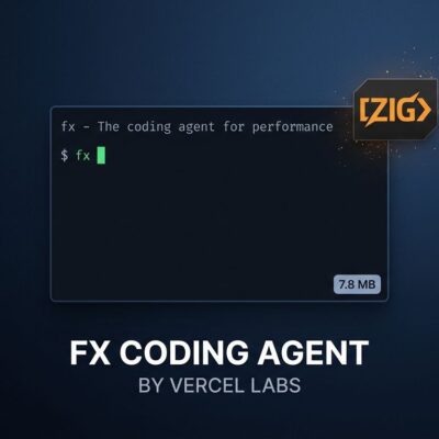 Terminal window showing the fx coding agent CLI by Vercel Labs, with minimal Zig binary output