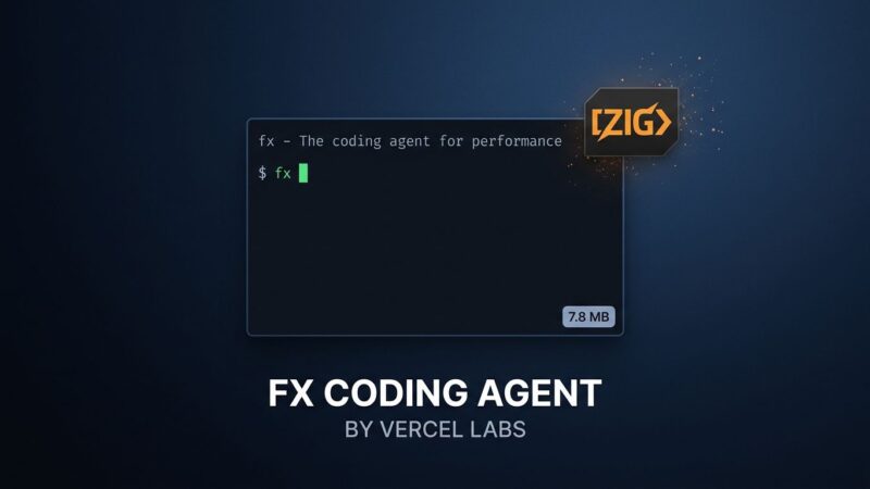 Terminal window showing the fx coding agent CLI by Vercel Labs, with minimal Zig binary output