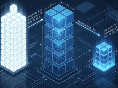 Isometric illustration of neural network layer quantization showing full-precision vs compact GGUF model sizes for local LLM inference