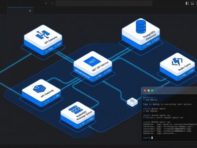 Aspire 13.5 dashboard showing connected microservices with Kubernetes and interactive terminal sessions