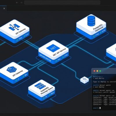 Aspire 13.5 dashboard showing connected microservices with Kubernetes and interactive terminal sessions