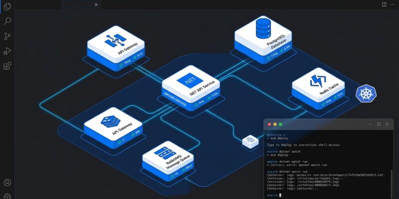 Aspire 13.5 dashboard showing connected microservices with Kubernetes and interactive terminal sessions