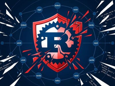 Rust crab logo with fractured security warning overlay representing the arrayref supply chain attack on crates.io