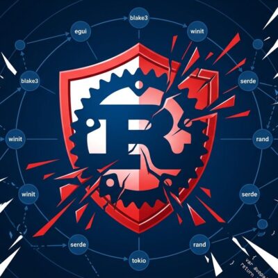 Rust crab logo with fractured security warning overlay representing the arrayref supply chain attack on crates.io