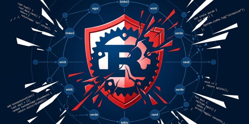 Rust crab logo with fractured security warning overlay representing the arrayref supply chain attack on crates.io