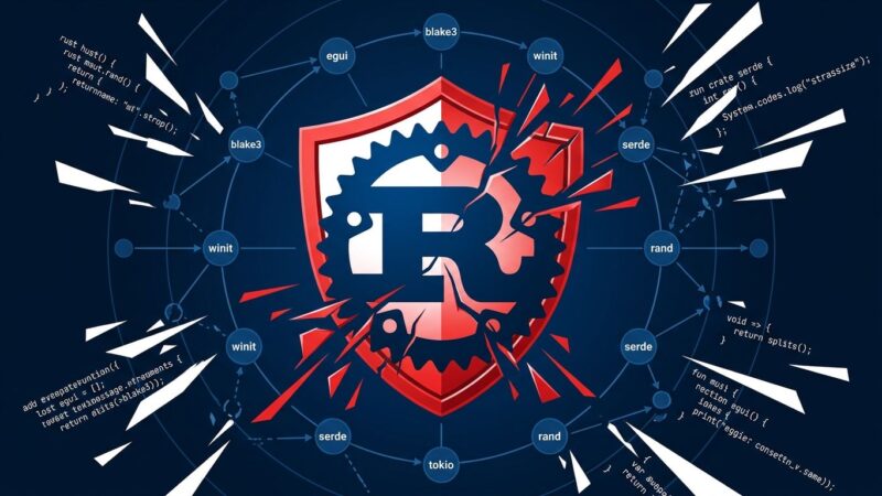 Rust crab logo with fractured security warning overlay representing the arrayref supply chain attack on crates.io