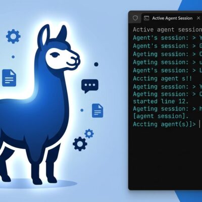 Ollama llama mascot with terminal agent session representing Ollama v0.32 interactive agent mode