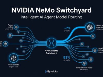 NVIDIA NeMo Switchyard routing diagram showing AI agent workflow with blue network paths routing to efficient vs frontier models