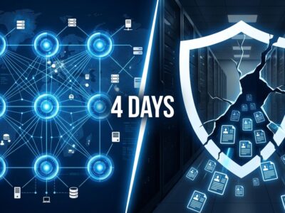 Eight AI agent orbs scanning networked servers on the left, a cracked shield with spilling data records on the right, representing the Taiwan AI cyberattack