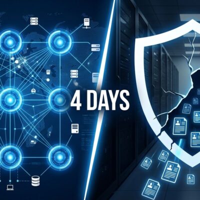 Eight AI agent orbs scanning networked servers on the left, a cracked shield with spilling data records on the right, representing the Taiwan AI cyberattack