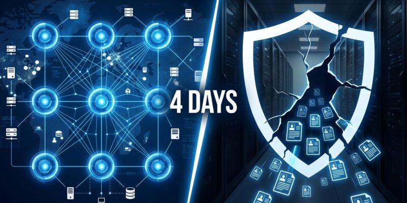 Eight AI agent orbs scanning networked servers on the left, a cracked shield with spilling data records on the right, representing the Taiwan AI cyberattack