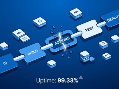 A fractured CI/CD pipeline chain showing GitHub Actions 99.33% uptime reliability gap visualization