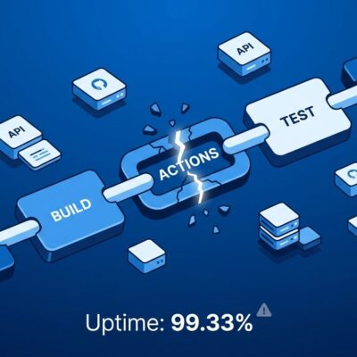 A fractured CI/CD pipeline chain showing GitHub Actions 99.33% uptime reliability gap visualization