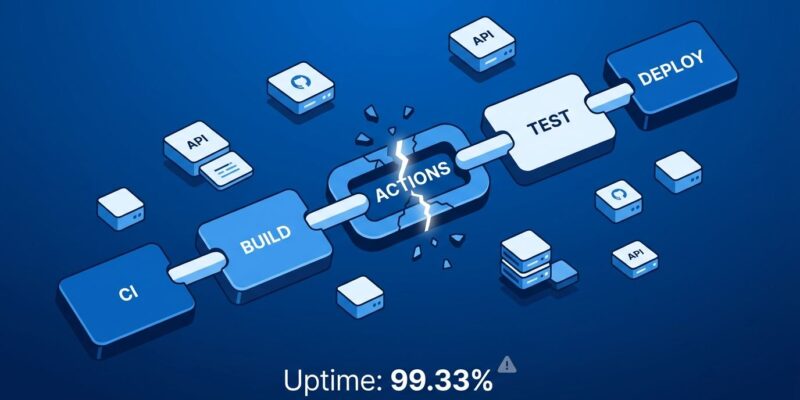 A fractured CI/CD pipeline chain showing GitHub Actions 99.33% uptime reliability gap visualization