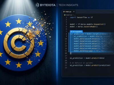 Split-screen illustration showing EU flag with broken copyright symbol on left and fading AI code suggestions on right