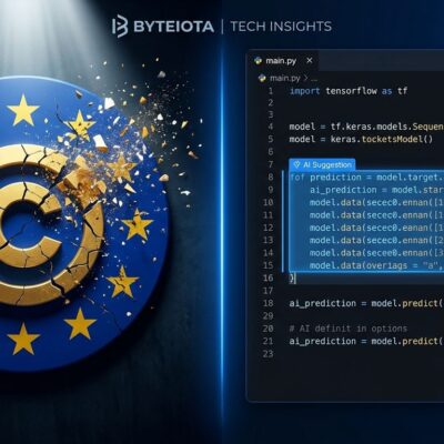 Split-screen illustration showing EU flag with broken copyright symbol on left and fading AI code suggestions on right