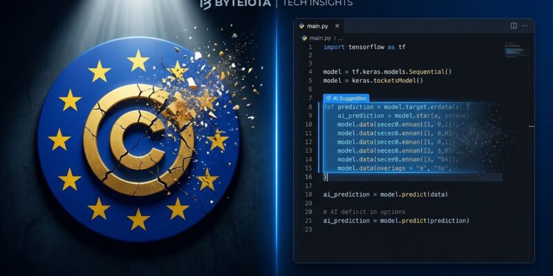 Split-screen illustration showing EU flag with broken copyright symbol on left and fading AI code suggestions on right