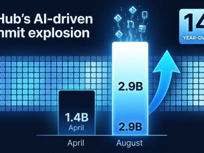 Data visualization showing GitHub monthly commits doubling from 1.4 billion to 2.9 billion in four months driven by AI coding agents